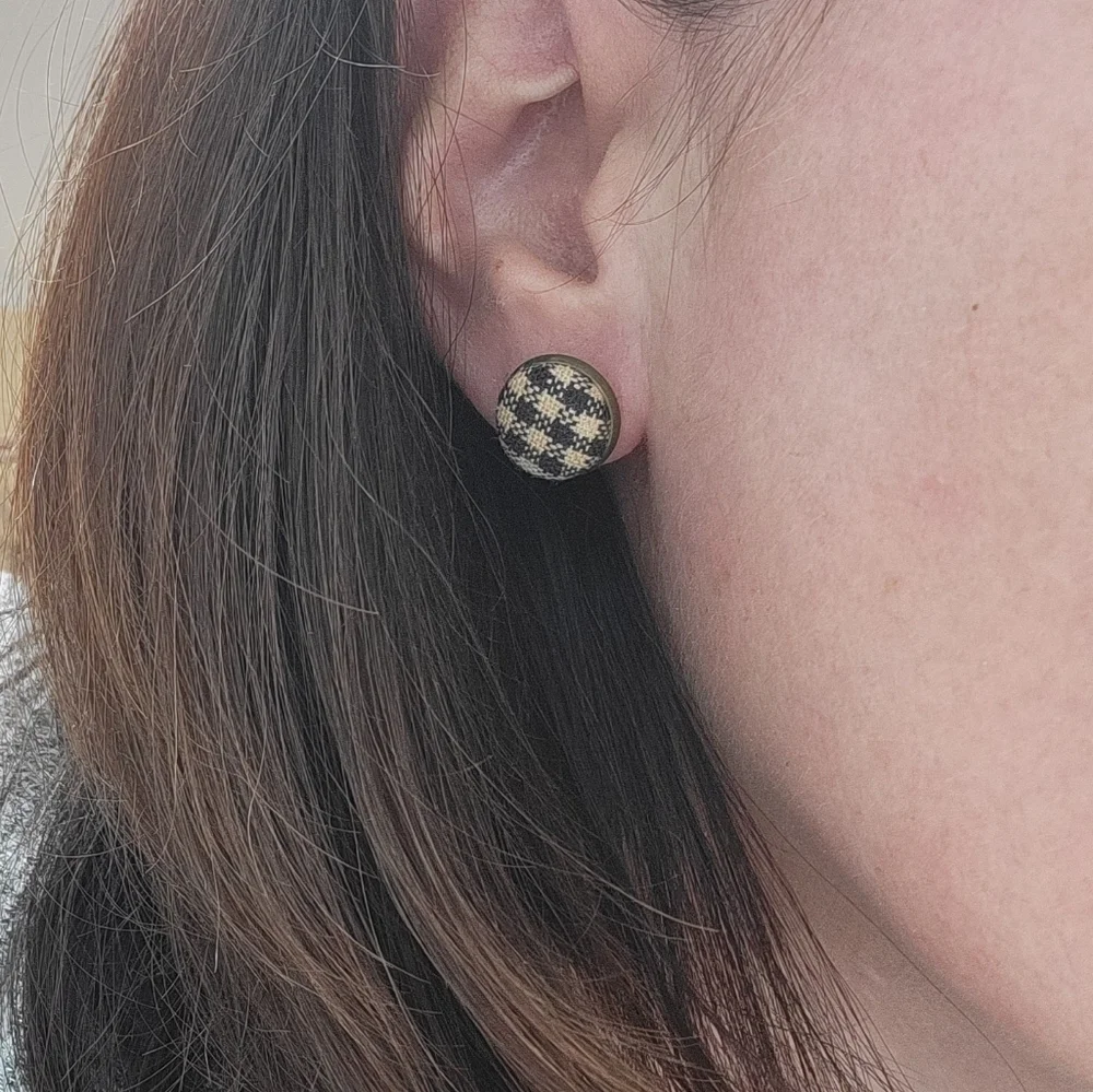 New Handmade | Upcycled Gingham Check Button Stud Earrings